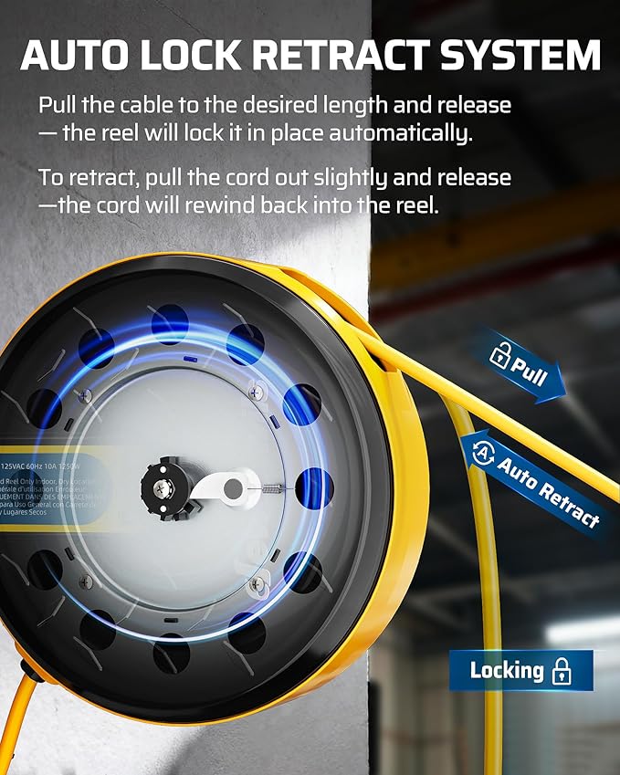 DEWENWILS 30FT Retractable Extension Cord Reel, Ceiling/Wall Mount 16/3 SJTW Power Cord with 3 Lighted Triple Outlets for Garage Shop, 10 Amp Circuit Breaker, Metal Plate, ETL Listed, Yellow