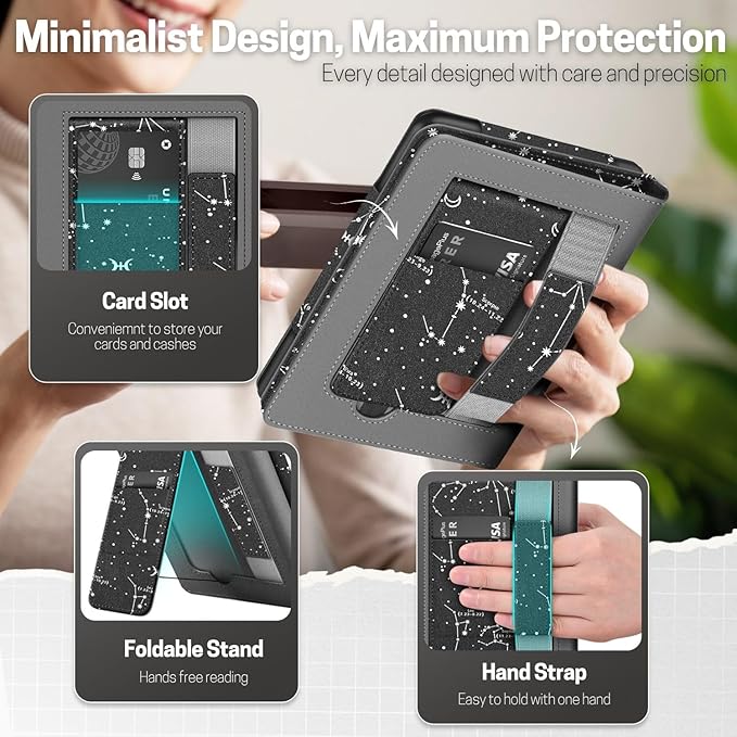 TNP Stand Case for Kindle Paperwhite 12th Generation 2024 / Kindle Colorsoft Signature Edition with Hand Strap & Card Slot - 7" PU Leather Protective Folio Cover with Auto Wake/Sleep, Constellation
