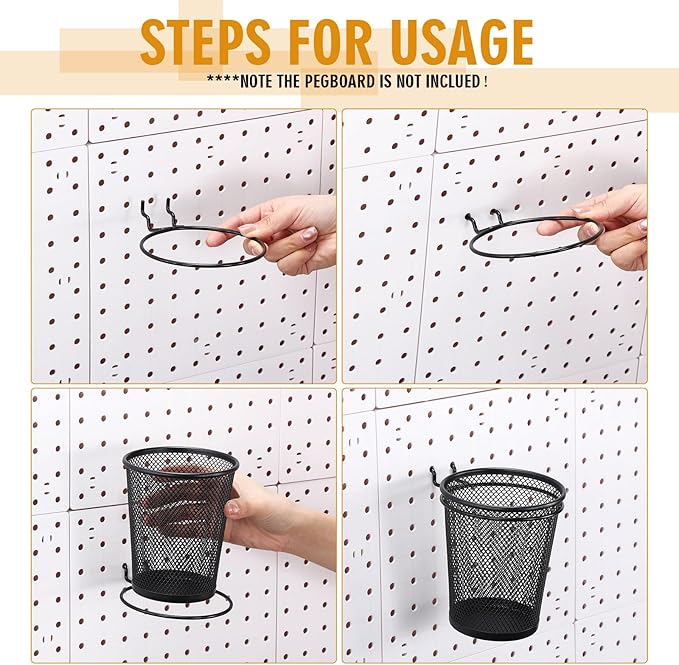 Spakon 6 Sets Pegboard Cups with Ring Hook, Peg Board Baskets Bin Holder Organizer Accessories Pegboard Pencil Cup Multipurpose Metal Pen Holder for Office Garage(Black,3.15x5.24x4.33'',Regular)