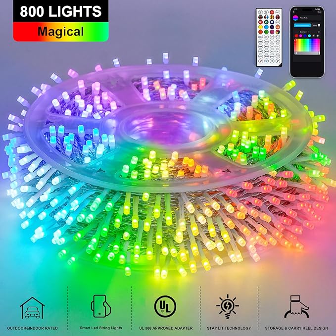 JMEXSUSS 800 LED RGB String Light Outdoor Indoor with Remote, Color Changing Christmas Lights Clear Wire Smart Lights Plug in for Bedroom Tree Room Party Birthday Xmas Decorations