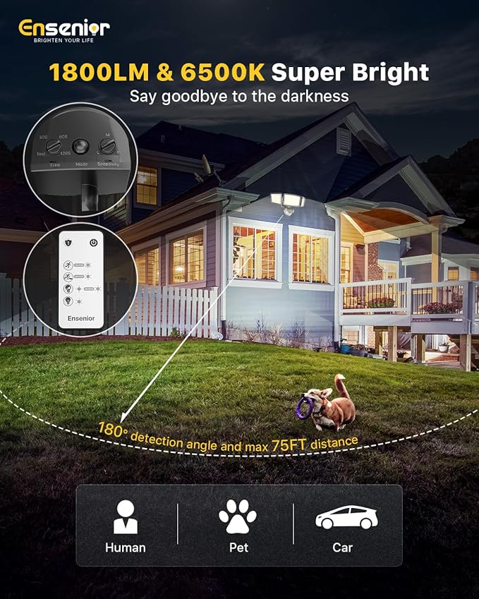 Ensenior Solar Security Lights, Wide Beam Flood Light 6500K Super Bright for Driveway Backyard Garden, Remote Control Motion Lights, Weather-Resistant Exterior Lighting, 1800LM Lumen, Black, 2-Pack