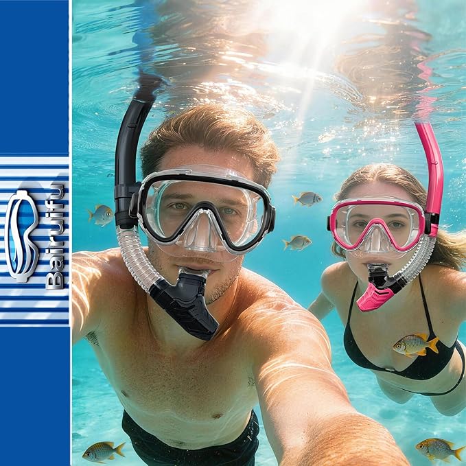 Bairuifu 2-Pack Snorkel Gear for Adults | Enhanced Anti-Fog & Anti-Leak Snorkeling Mask | Breath-Free Dry Snorkel | 180° Panoramic View with Quick-Dry Bags