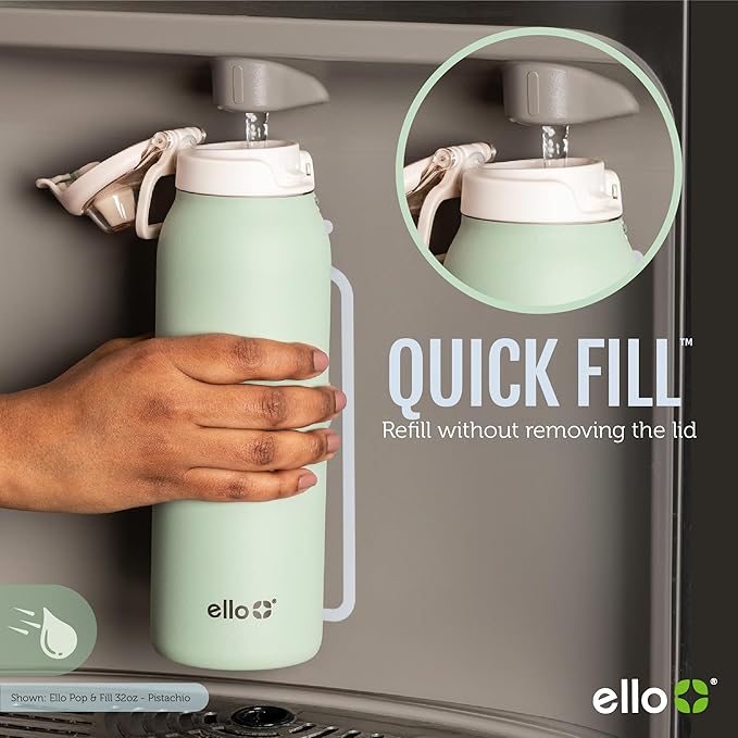 Ello Pop & Fill 22oz Stainless Steel Water Bottle with QuickFill Technology, Double Walled and Vacuum Insulated, Leak Proof Locking Lid, Straw and Chug, Fits Cupholder, Reusable BPA Free, Strawberries
