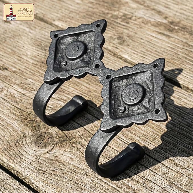 Mystic Colonial Rustic Cast Iron Wall Hooks, Heavy Duty Retro Utility Hooks for Hanging Coat, Bag, Towel, Robe, Hat & More, Pack of 2 | Joined Pieces, Black