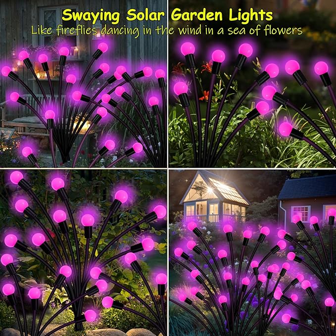 Kohlrabi Solar Garden Lights Outdoor, 2 Pack 16 LED Solar Pink Firefly Lights Waterproof, Sway by Wind, Swaying Light for Yard Patio Backyard Garden Planter Flower Bed Pathway Outdoor Decoration