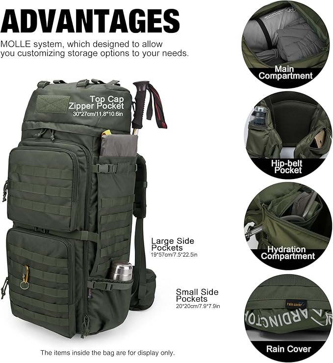 Mardingtop 75L Molle Hiking Internal Frame Backpacks with Rain Cover for Camping,Backpacking,Travelling(Ranger Green)