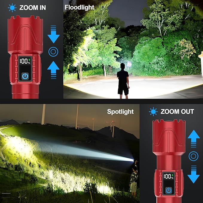 Rechargeable Tactical Flashlights 2000 High Lumens - 5000mAh Super Bright LED Powerful Flash Light, Waterproof Handheld USB C Flashlight for Home,Car,Camping,Emergencies,5 Modes,Zoomable (2, Red)