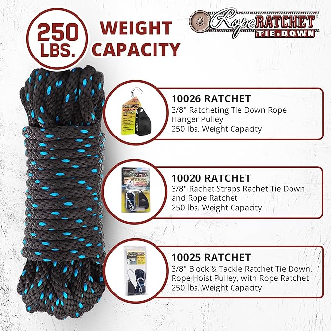 Rope Ratchet 3/8" Heavy Duty Polypropylene Rope – Braided Tie Down, Ratchet Cord for Outdoor, Gardening, DIY, Securing Loads, Tarp Use, Deer Hanging, Moving, Cargo, Knot Tying – 50 ft, Black/Blue