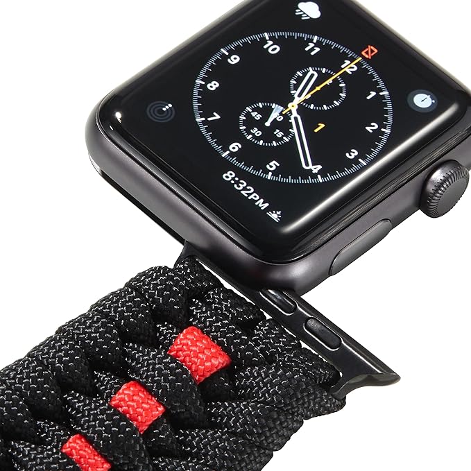 Savior Survival Gear Paracord Watch Band - Compatible with Apple Watch Band 49mm 46mm 45mm 44mm 42mm, iWatch Band Series Ultra 10 9 8 7 6 5 4 3 2 1 SE, Adjustable strap for men ( Black - Red, X-Large)