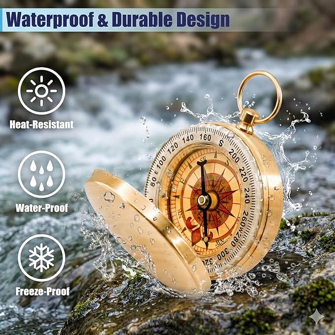 Brass Pocket Compass with Luminous Dial, Golden Vintage Pocket Watch Style Compass, Sports Waterproof Navigation Maganetic Compass with Key Ring for Outdoors Camping Hiking Survival
