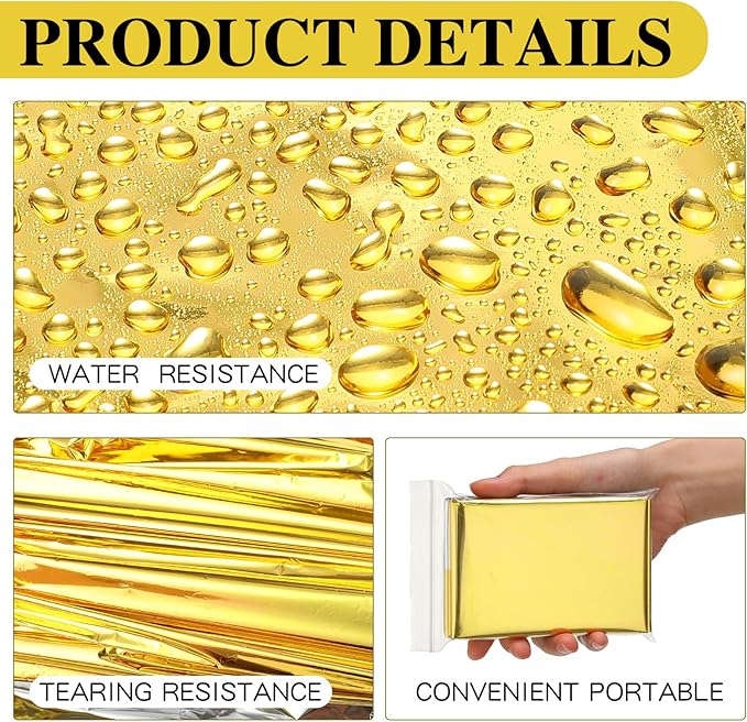 Macarrie 100 Pack Emergency Thermal Blankets Silver Foil Survival Blanket Space Blanket Survival Kit for Outdoors, Camping, Hiking, Homeless, Survival or First Aid (Gold)