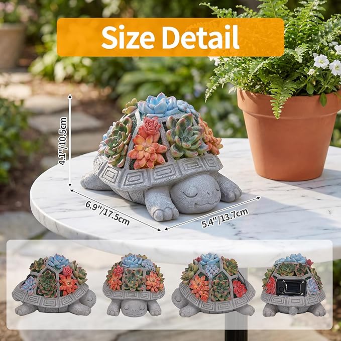 Solar Turtle Garden Outdoor Decor with Succulent & 7 LED Lights – Outside Tortoise Statue Decor for Yard Patio Balcony & Backyard - Home House Decoration Art- Gift for Women Mom & Grandma
