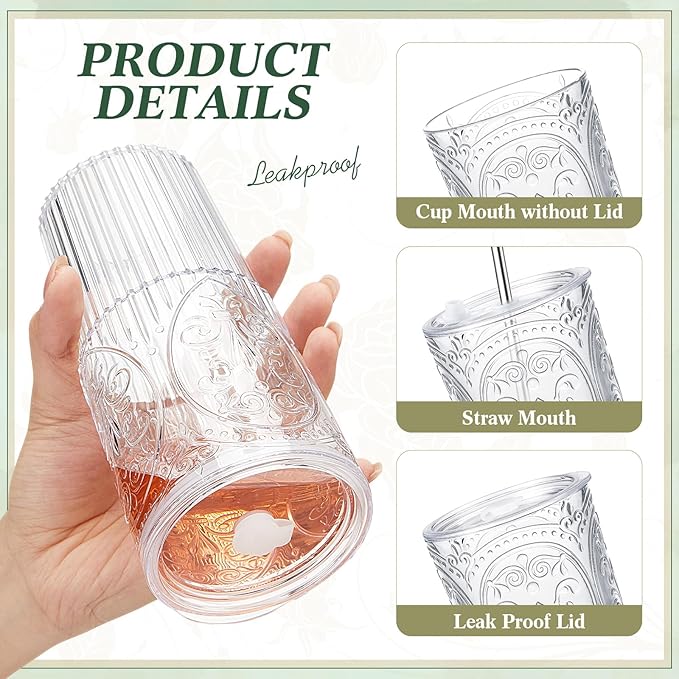8 Set 20oz Vintage Plastic Tumbler with Lids and Straws Ribbed Floral Drinking Glasses Reusable Iced Coffee Cups for Water Juice Smoothie Cocktail Travel Party Events Gift (Clear)