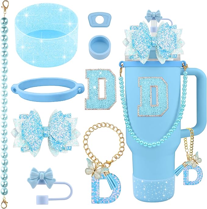 9PCS Blue for Stanley Cup Accessories Set Bling Initials Bow Charms for Stanley Decorations 30/40 Oz Tumbler Accessories Including Bow Straw Topper, Handle Strap, Spill Stopper（Letter D）