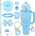9PCS Blue for Stanley Cup Accessories Set Bling Initials Bow Charms for Stanley Decorations 30/40 Oz Tumbler Accessories Including Bow Straw Topper, Handle Strap, Spill Stopper（Letter D）