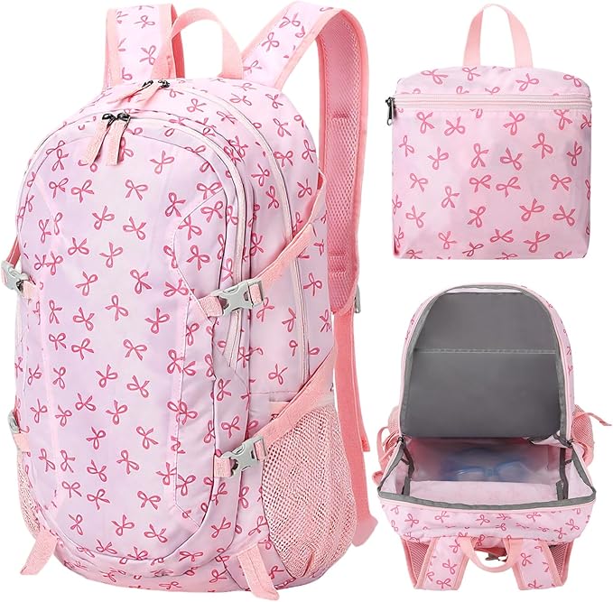 40l Foldable Pink Bow Backpack for Women Pink Waterproof Lightweight Packable Hiking Backpack Coquette Bow Travel Adventure Daypack for Women Gift Camping Travel Business Trip Supply