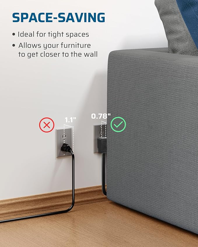 DEWENWILS 6FT Flat Plug Extension Cord 3 Prong Ultra Thin Power Strip, 13A/125V/1625W, 16/3 Awg Grounded Flat Power Cable for Indoor Narrow Space, SPT-3 Cord, ETL Listed, Black, 2 Pack
