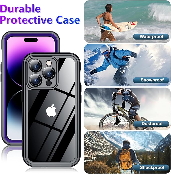 Temdan Compatible with iPhone 14 Pro Max Case Waterproof, Built-in Screen & Camera Protector IP68 Underwater Full Body 14FT Military Dropproof Shockproof Phone Case 6.7"-Purple/Clear