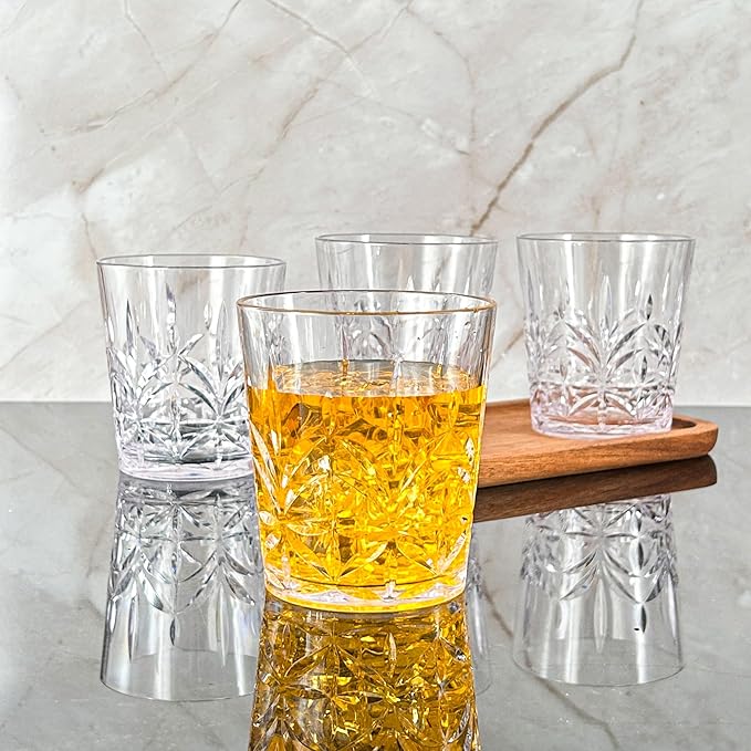 Lily's Home Unbreakable Premium Drinking Glasses Set of 4, Plastic Cups, Reusable Drinkware, Tumblers Water Cups, Shatterproof & Stackable, Indoor & Outdoor, 3.5in×3.9in, 13.5oz. Made in Taiwan.