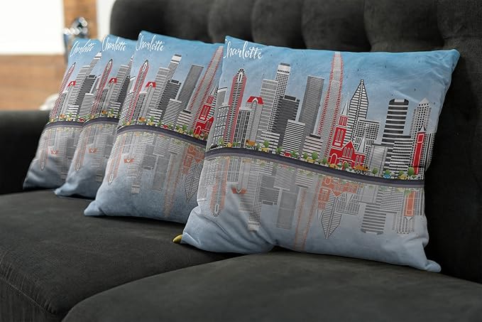 Ambesonne North Carolina Throw Pillow Cushion Case Pack of 4, Charlotte Skyline with Urban Skyscrapers Buildings City Landscape, Modern Accent Double-Sided Digital Printing, 18", Grey Coral
