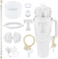 9PCS White for Stanley Cup Accessories Set Bling Initials Bow Charms for Stanley Decorations 30/40 Oz Tumbler Accessories Including Bow Straw Topper, Handle Strap, Spill Stopper（Letter T）
