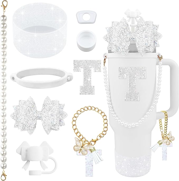 9PCS White for Stanley Cup Accessories Set Bling Initials Bow Charms for Stanley Decorations 30/40 Oz Tumbler Accessories Including Bow Straw Topper, Handle Strap, Spill Stopper（Letter T）