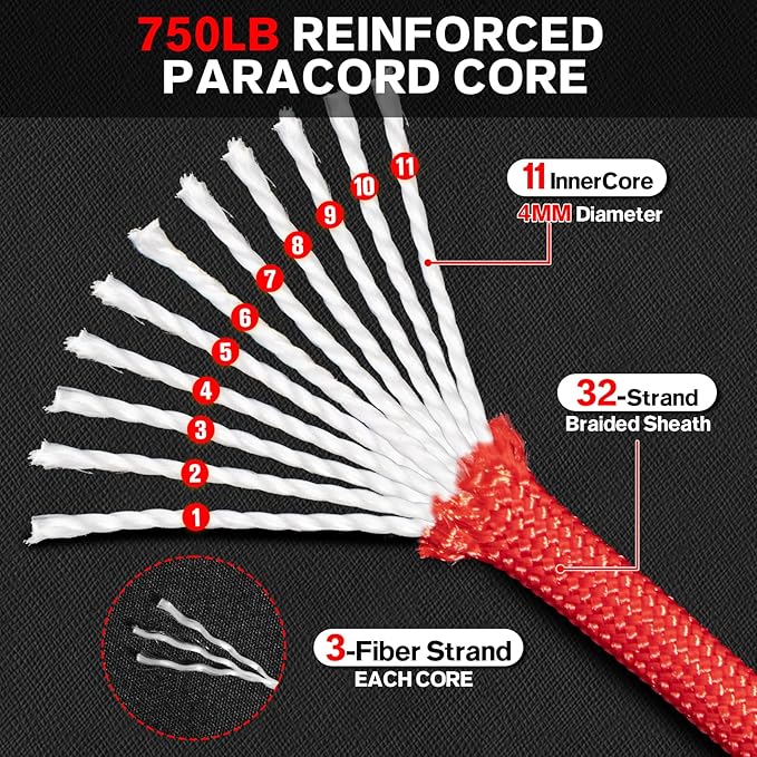 Paracord Rope 750 - Parachute para Cord 4mm 11 Strand Spool Rope Utility Nylon String for Outdoor Camping Survival Utility Tent Crafting DIY Projects - Red 1000ft