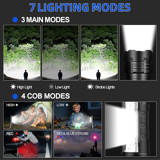 Rechargeable Flashlights High Lumens, 7Mode LED Flashlight Rechargeable, Super Bright Flashlight Powerful, IPX6 Waterproof, Adjustable Tactical Flashlights for Home Emergencies Camping, 2 Pack