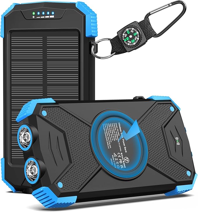 BLAVOR Solar Power Bank 10,000mAh, Portable Wireless Charger, 20W Fast Charging External Battery Pack with USB C for Cell Phones, Solar Panel Charging with Dual Flashlight for Camping