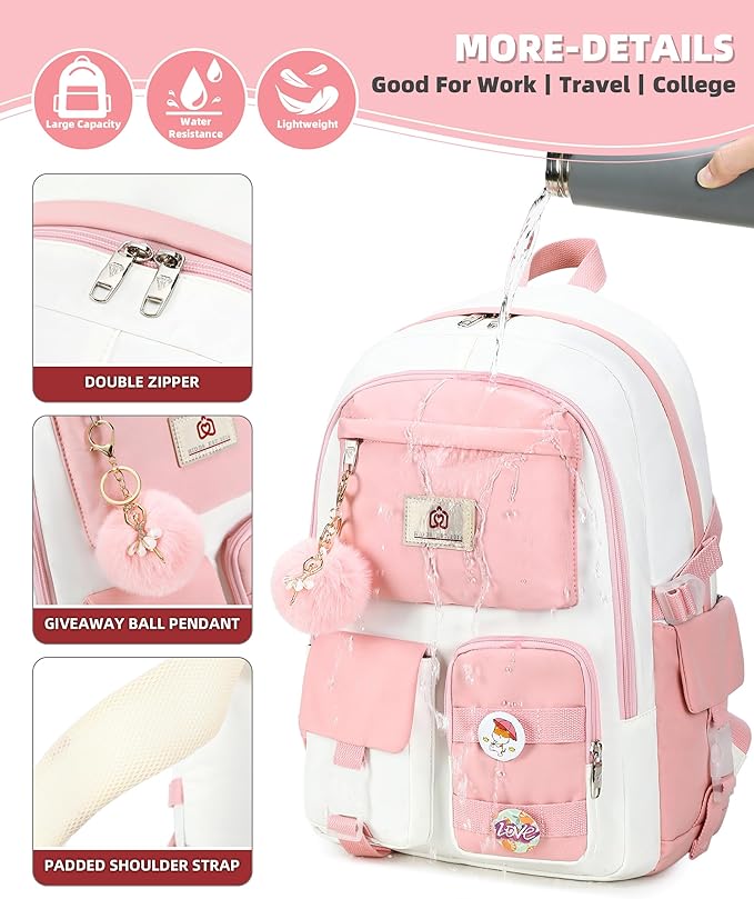 Hidds Laptop Backpacks 15.6 Inch School Bag Elementary Middle High College Backpack Cute Bookbags Anti Theft Travel Back Pack Casual Daypack Kids Book Bag for Teens Girls Women Students-Pink Beige
