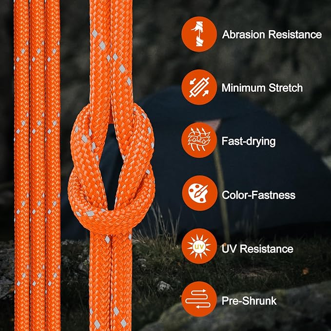 Paracord Reflective Rope 850Ib, 50/100/200/500/1000ft 4MM 11 Strand Strong Parachute Spool Cord, para Cord Lanyard for Clothsline, Hammock, Camping, Hiking and Survival, Orange 200FT