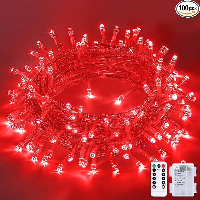 JMEXSUSS 33ft 100 LED Red Battery Operated Lights with Remote, Valentine Lights Battery Operated, Christmas String Light Indoor Outdoor for Valentine's Day Tree House Yard Xmas Decor