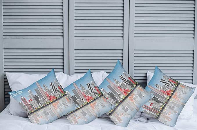 Ambesonne North Carolina Throw Pillow Cushion Case Pack of 4, Charlotte Skyline with Urban Skyscrapers Buildings City Landscape, Modern Accent Double-Sided Digital Printing, 18", Grey Coral