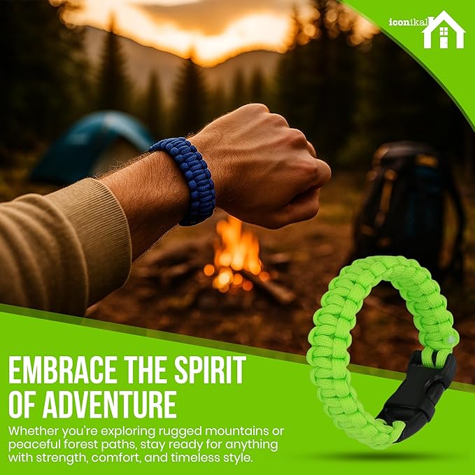 Iconikal 12-Pack Paracord Survival Bracelets Quick-Release Clip Assorted Colors 2 Sizes Medium Large Adjustable Camping Hiking Emergency Gear