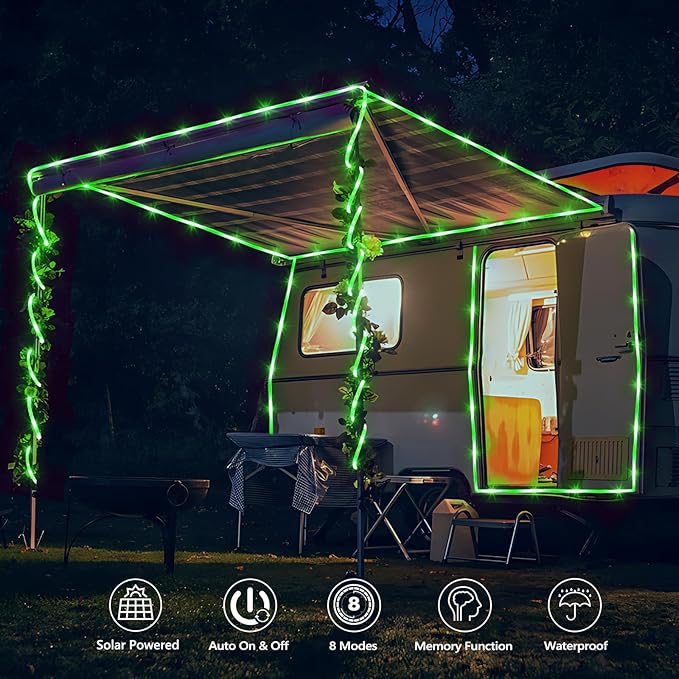 Solar Rope Lights, 66ft 200LED Solar String Lights, 8 Modes Waterproof Solar Powered Outdoor Light, Flexible Clear Tube Light for Garden Backyard Patio Deck Porch Pool Tree Christmas Decoration -Green