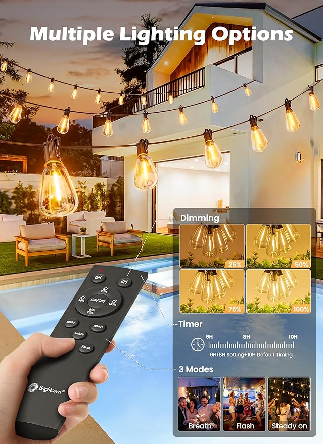 Brightown 108FT Solar String Lights Outdoor Waterproof with Remote, 50+2 LED Shatterproof Bulbs, Dimmable & Timable, 3 Light Modes - Commercial Grade Patio Lights for Garden Backyard Party Decor