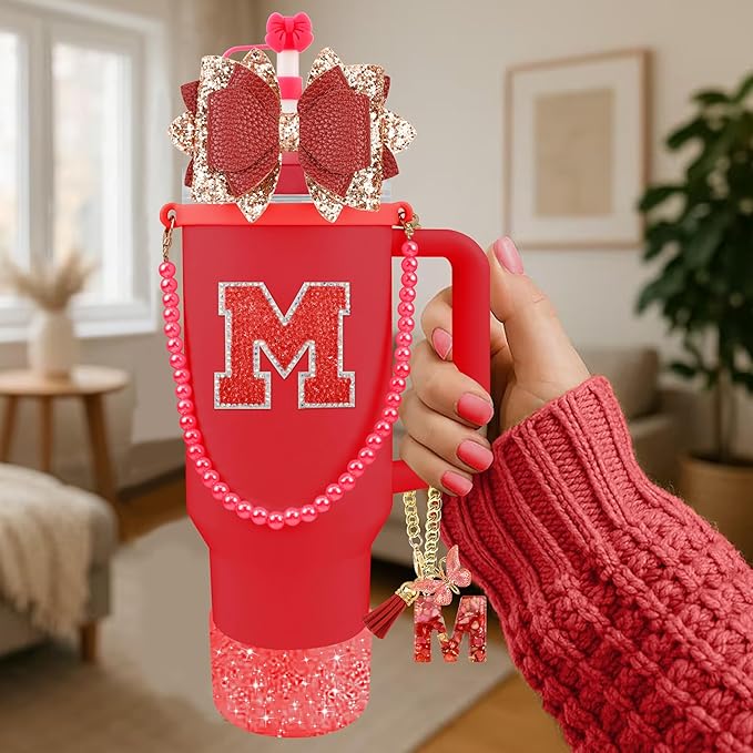 9PCS Red for Stanley Cup Accessories Set Bling Initials Bow Charms for Stanley Decorations 30/40 Oz Tumbler Accessories Including Bow Straw Topper, Handle Strap, Spill Stopper（Letter M）
