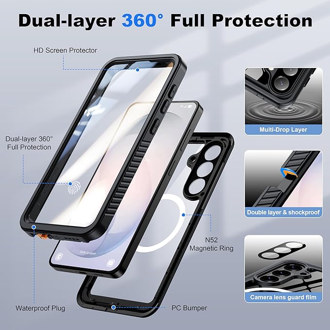 ANTSHARE IP68 Waterproof Case for Samsung Galaxy S26 Plus [2026] - MagSafe Compatible, Built-in Screen/Lens Protector - Shockproof Full Body Protection for Swimming/Outdoor, Black/Clear