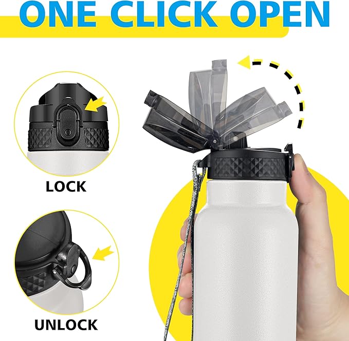 Han's Bottle Sports Water Bottle - 24 Oz, Straw Lid, Leak Proof, Vacuum Insulated Stainless Steel, Double Walled, Thermo Mug,White