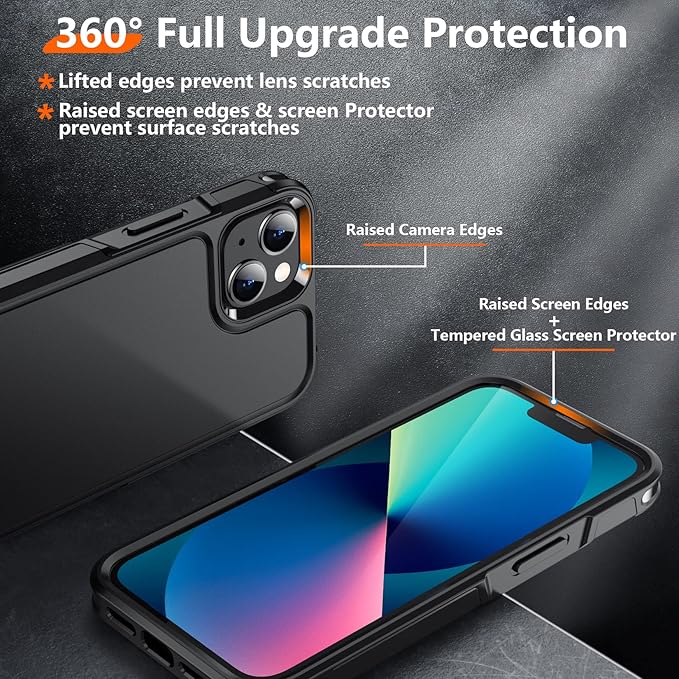 Red2Fire for iPhone 13 Case, with 2X [Glass Screen Protector + Camera Lens Protector][12 FT Military Dropproof] Rugged Heavy Duty Full-Body Shockproof Phone Case Cover 6.1 inch-Black