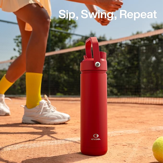 ENCOOL Insulated Water Bottle with Straw Stainless Steel Water Bottle, Leak-Proof, BPA-Free, Double Wall Vacuum Keeps Cold for 24 Hours for Sports, Travel, School (18 oz, Medium Carmine)