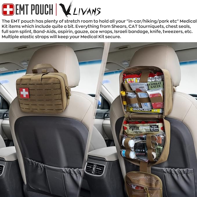 LIVANS Tactical Molle Medical Pouch - Upgraded Size, Large Capacity IFAK Pouch with Detachable Quick Release and Headrest Mount, Includes Flag and Cross Patch