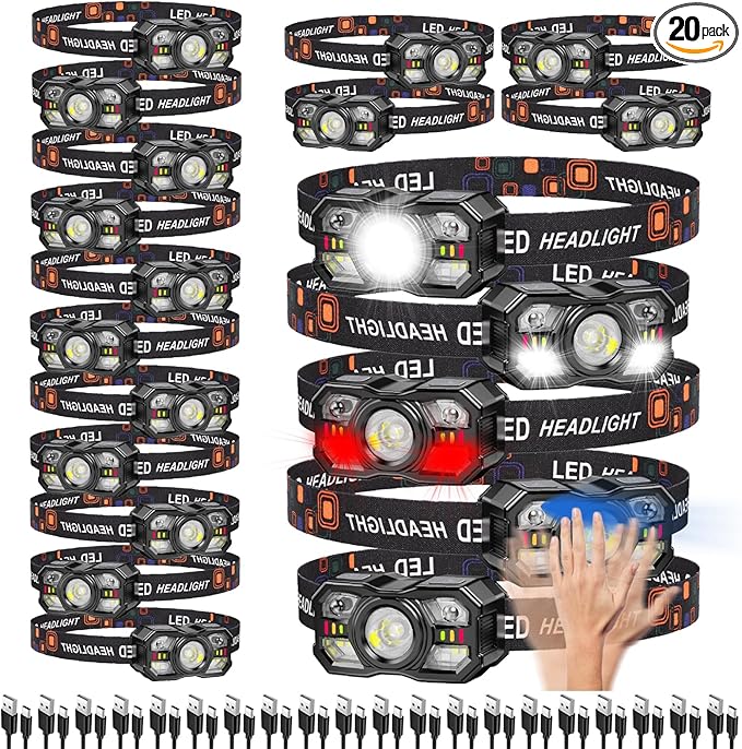 KunHe 20 Pack led Rechargeable Headlamp Flashlight Headlight Motion Sensor 10 Mode for Outdoor Camping Gear Hiking Fishing Running Cycling Headlight Emergency Lights for Home