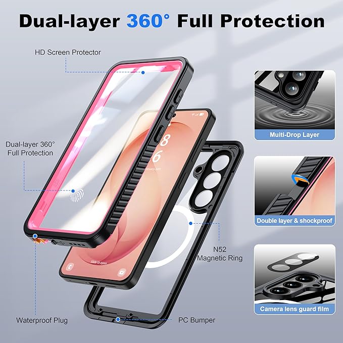ANTSHARE for Samsung Galaxy S26 Case Waterproof, Built-in Lens & Screen Protector, [Compatible with MagSafe] Shockproof Dropproof Dustproof Full Body Phone Case for S26 6.3"-Pink/Clear