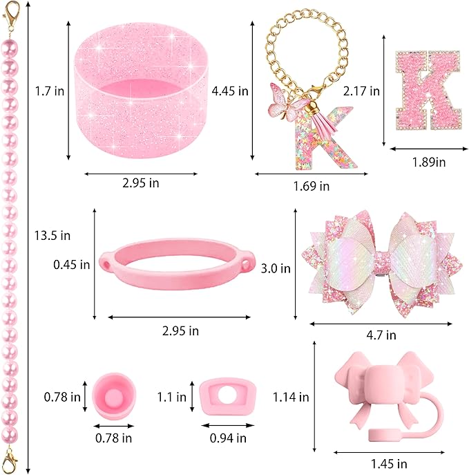 9PCS Pink for Stanley Cup Accessories Set Bling Initials Bow Charms for Stanley Decorations 30/40 Oz Tumbler Accessories Including Bow Straw Topper, Handle Strap, Spill Stopper（Letter K）