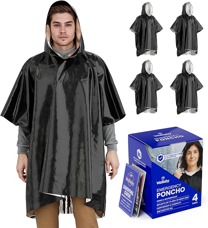 Wallaby 4-Pack Emergency Mylar Ponchos – Universal Fit Thermal Poncho with 90%+ Heat Retention,