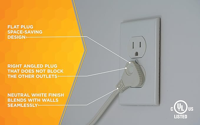 Woods SlimLine Extension Cord - 16/2 Indoor Flat Plug with Right Angled Design - 3 Grounded Outlets - Space Saving Profile - UL Listed - 13 Amp - 125 Volt - White - 13 Feet