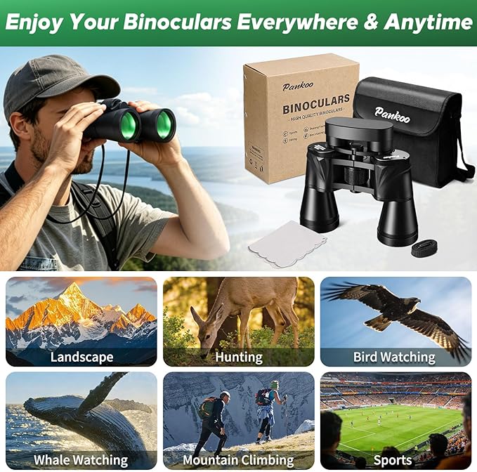 Pankoo 20x55 Binoculars for Adults High Powered – Large View Waterproof Optics with Clear Low Light Vision, Easy Focus for Hunting, Bird Watching, Concerts, Sports