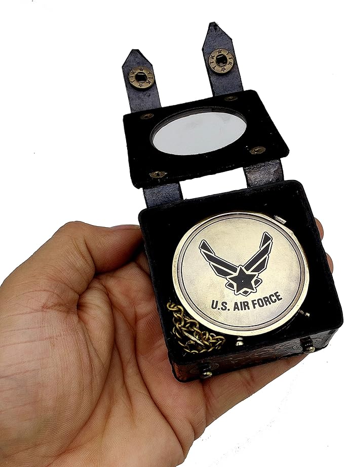 5MoonSun5's US AIR Force Engraved Brass Military Compass Nautical Marine with Leather Display Case - Perfect and Unique Gift for Army Person - Survival Navigation Compass for Hiking Camping Hunting