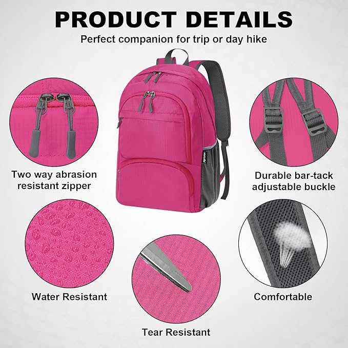 HOLYLUCK 20L lightweight packable Hiking Daypack Foldable Backpack for Men Women Small Travel Outdoor Foldable Shoulder Bag-pink